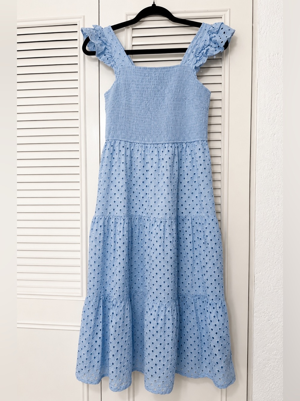 PRETTY-GARDEN Square Neck Maxi Dress Cap Sleeve Eyelet Smocked Tiered SM - Picture 3 of 9